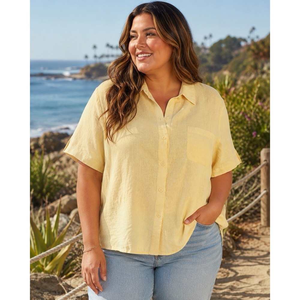 Coldwater Creek Yellow Linen Shirt 3X Women's Button-Down Short-Sleeve Coastal